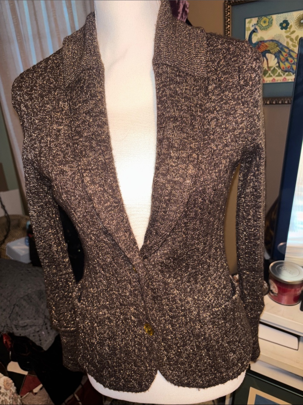 Cache Brown Metallic Knit Shawl Collar Blazer